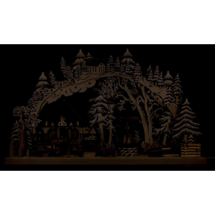 3D-Schwibbogen Kunsthandwerk aus dem Erzgebirge mit Raureif - 72x43 cm