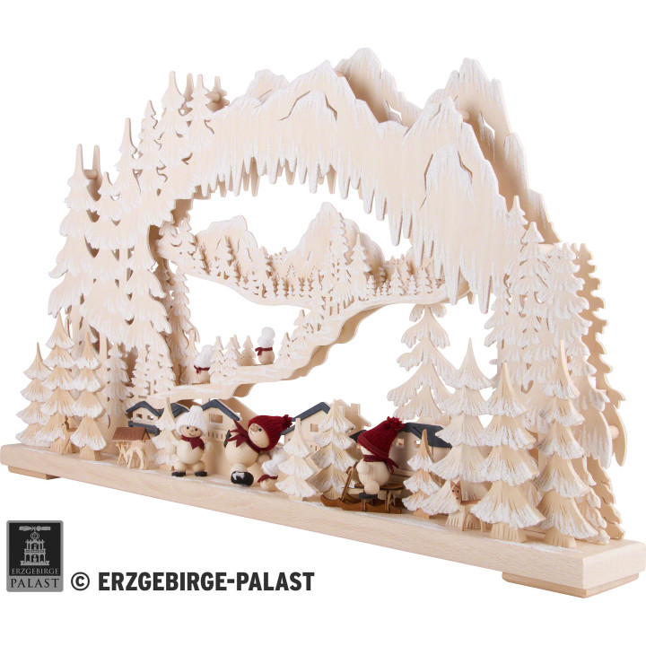 3D-Schwibbogen Wintersport mit Snowmollis und Raureif - 72x43 cm