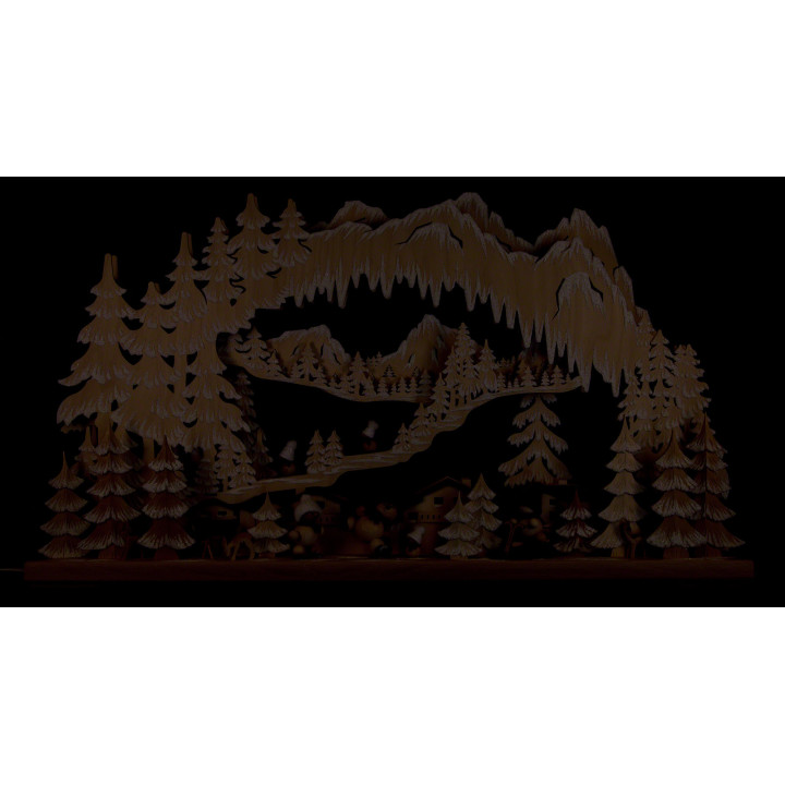 3D-Schwibbogen Wintersport mit Snowmollis und Raureif - 72x43 cm