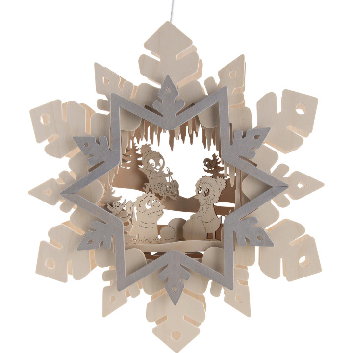 Fensterbild Schneeflocke mit Pitti, Moppi und Schnatterinchen - 36 cm