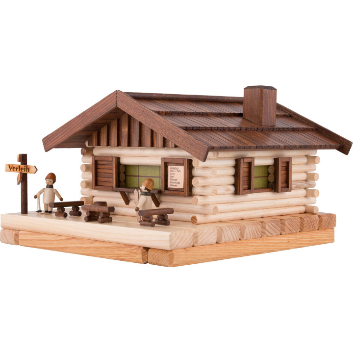 Smoking Lighted House - Ski Hut with Figurines - 17x31 cm / 6.7x12.2 inch