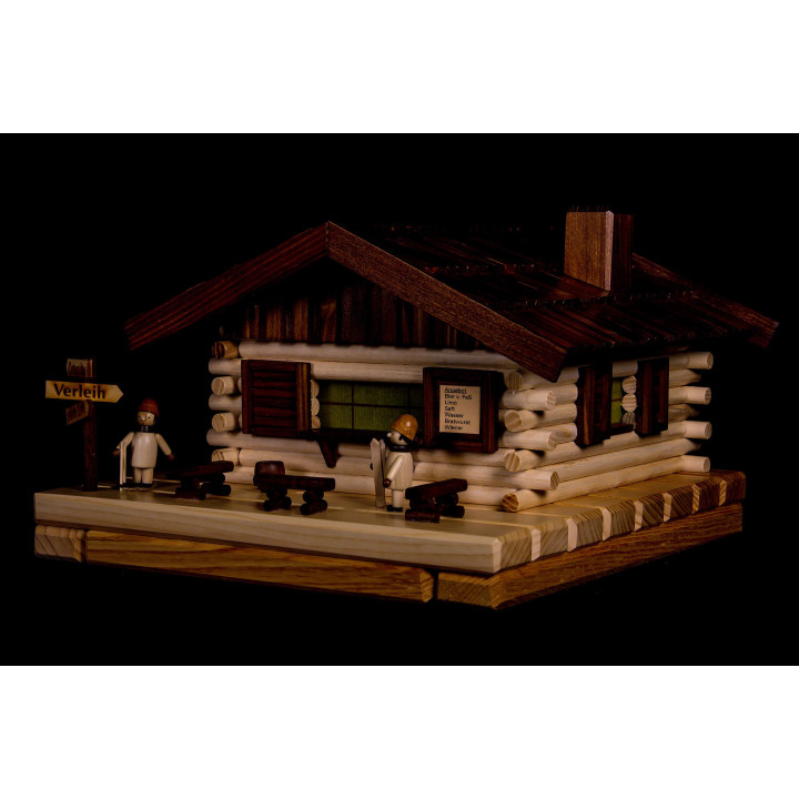 Smoking Lighted House - Ski Hut with Figurines - 17x31 cm / 6.7x12.2 inch