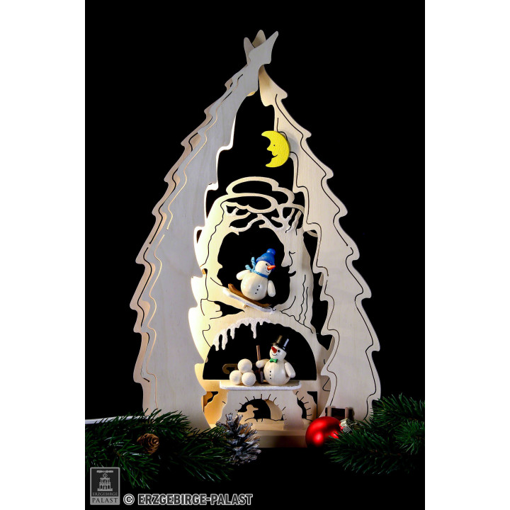 Light Triangle - Tree with Snowmen - 43x25x4,5 cm / 16.9x9.8x1.7 inch