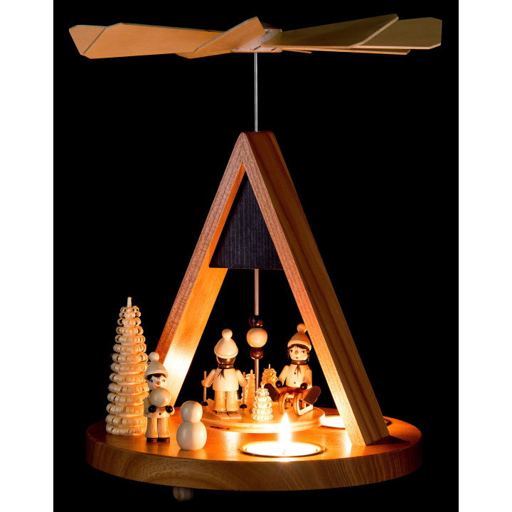 1-Tier Pyramid with Winter Children and Peaked Roof - 27 cm / 10.6 inch
