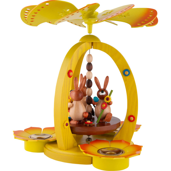 1-stöckige Osterpyramide mit drei Hasen - gelb - 30 cm
