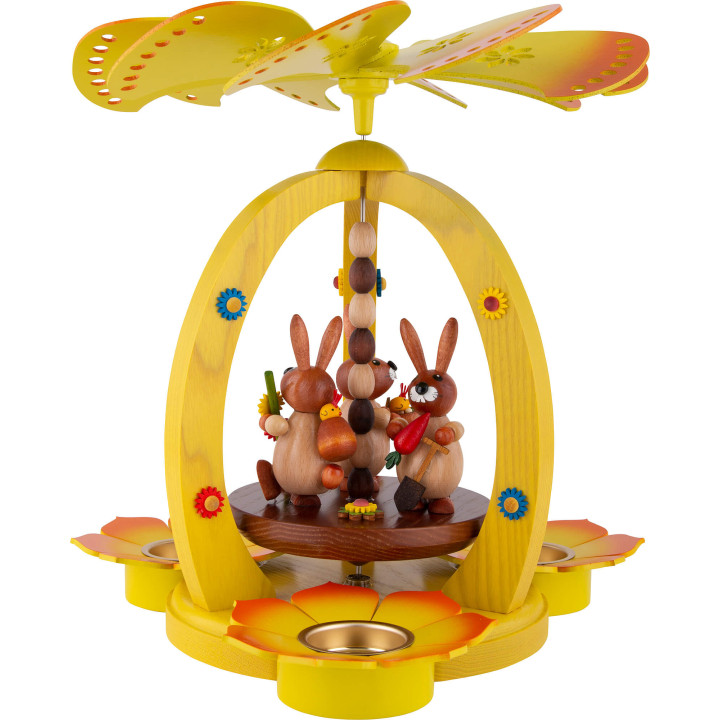 1-stöckige Osterpyramide mit drei Hasen - gelb - 30 cm