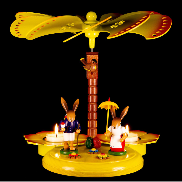 1-Tier Easter Pyramid Yellow with two Bunnies with Pannier and Umbrella - 20 cm / 7.9 inch