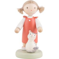 Flax Haired Children Girl with Kitten - 5 cm / 2 inch