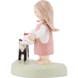 Flax Haired Children Little Girl with Black Cat - 5 cm / 2 inch