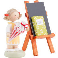 Flax Haired Children Girl with Candy Cone, Blackboard and Reader - 5 cm / 2 inch