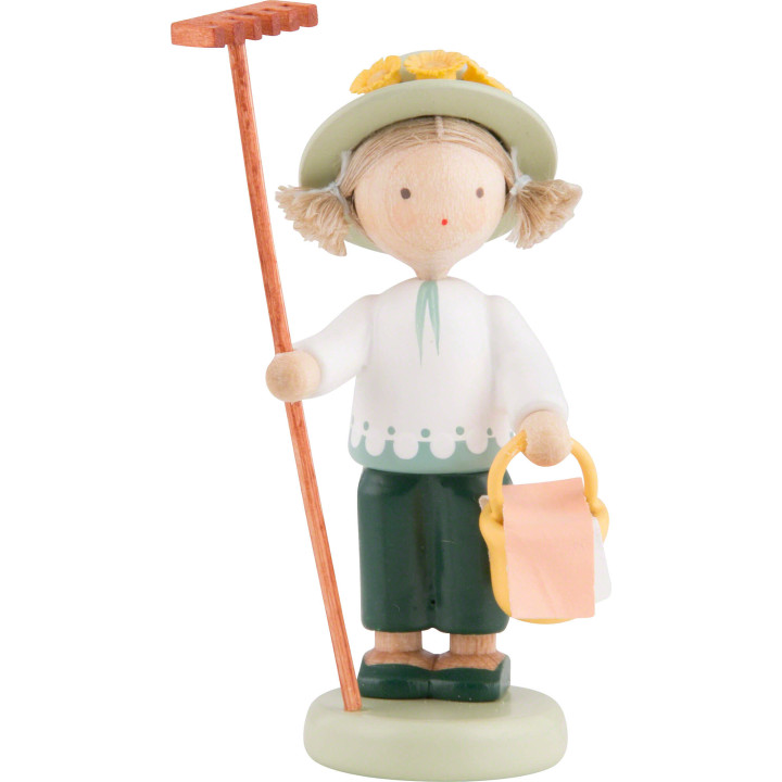 Flax Haired Children Gardener with Rake and Lunch Basket - 5 cm / 2 inch