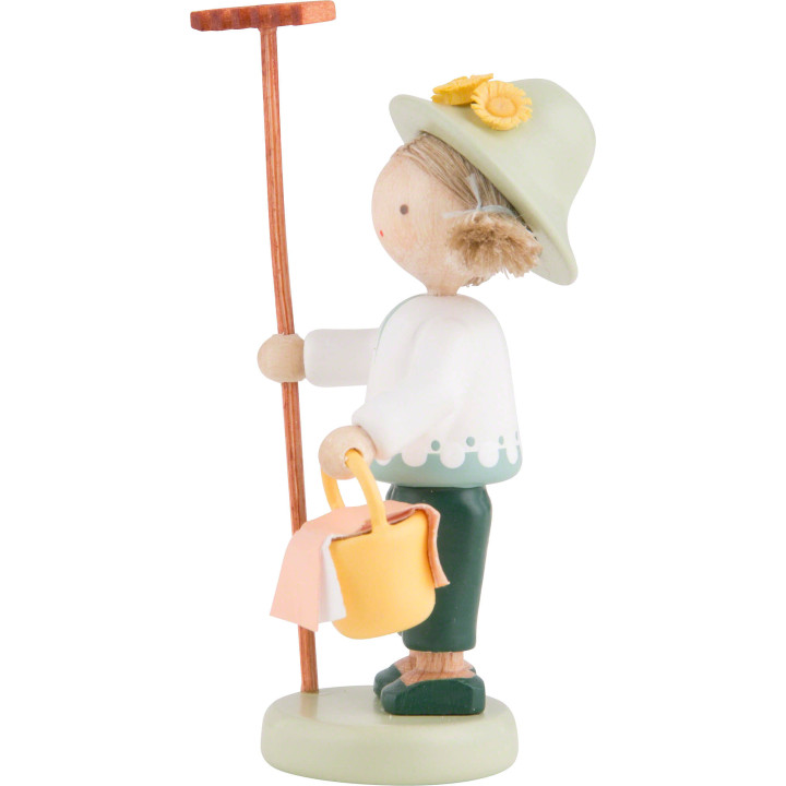 Flax Haired Children Gardener with Rake and Lunch Basket - 5 cm / 2 inch