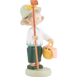 Flax Haired Children Gardener with Rake and Lunch Basket - 5 cm / 2 inch