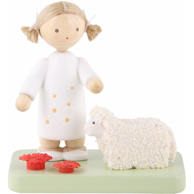 Flax Haired Children Girl with Little Lamb - 5 cm / 2 inch
