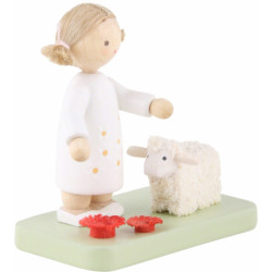 Flax Haired Children Girl with Little Lamb - 5 cm / 2 inch