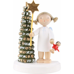 Flax Haired Angel at the Christmas Tree with Star and Doll - 5 cm / 2 inch