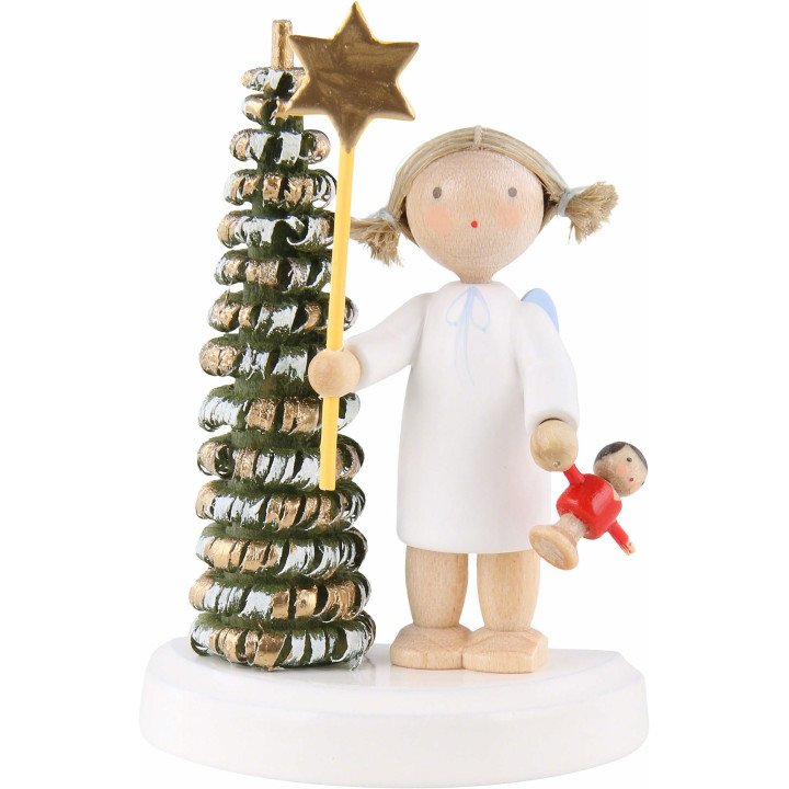 Flachshaarengel am Weihnachtsbaum mit Stern und Puppe - 5 cm
