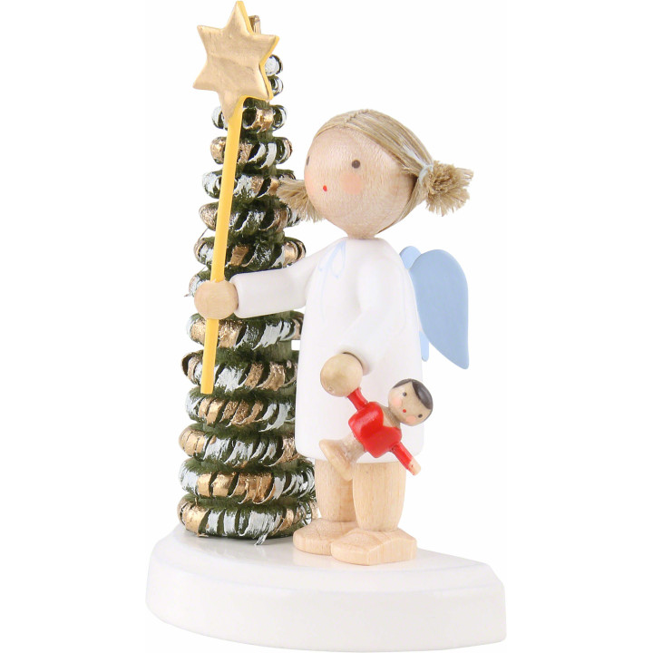 Flachshaarengel am Weihnachtsbaum mit Stern und Puppe - 5 cm