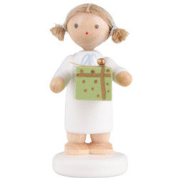 Flax Haired Angel with Christmas Gift, Green - 5 cm / 2 inch