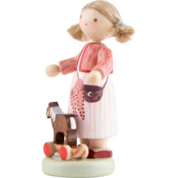 Flax Haired Children Girl with Toy Horse - 5 cm / 2 inch