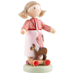 Flax Haired Children Girl with Toy Horse - 5 cm / 2 inch