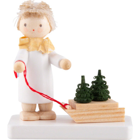 Flachshaarengel mit Schlitten und Baumsetzlingen - 5 cm