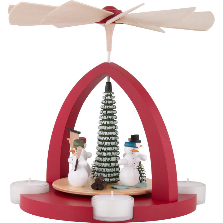 1-Tier Pyramid - Snowmen, Ruby Red - 25 cm / 9.8 inch