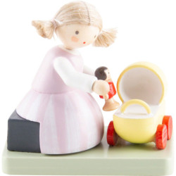 Flax Haired Children Girl with Doll and Doll Carriage - 4,1 cm / 1.6 inch