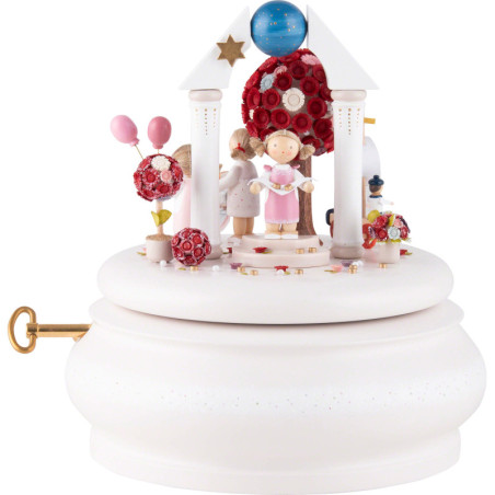 Spieldose "Ein schönes Leben" mit Flachshaarmädchen und rotem Blütenbaum  - 16,5 cm