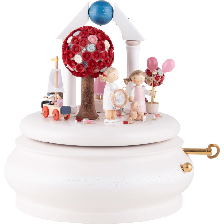 Spieldose "Ein schönes Leben" mit Flachshaarmädchen und rotem Blütenbaum  - 16,5 cm