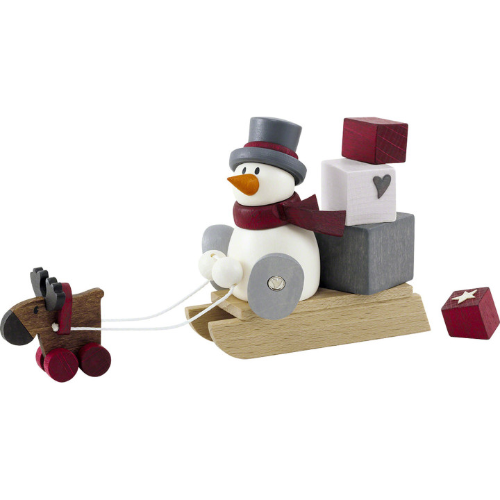 Schneemann Otto mit Geschenkeschlitten - 8 cm
