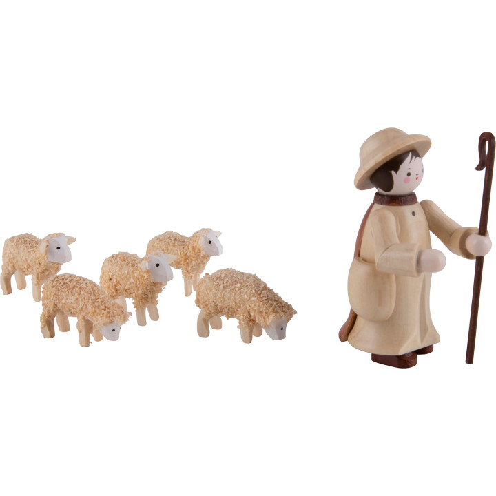 Thiel-Figuren Hirte mit 5 Schafen - natur - 6 cm