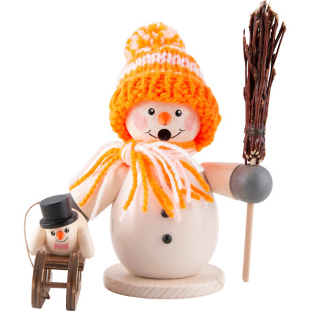 Smoker - Snowman with Sleigh and Child Orange - 15 cm / 5.9 inch