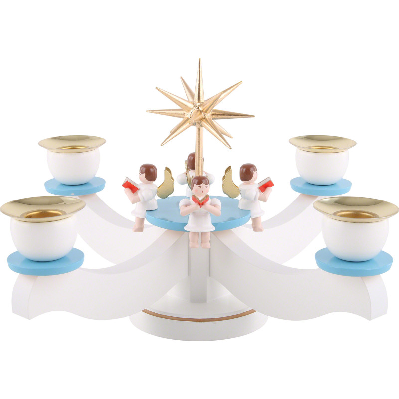 Candle Holder - Advent Blue/White with Sitting Angels - 29x29x19 cm / 11.5x11.5x7 inch