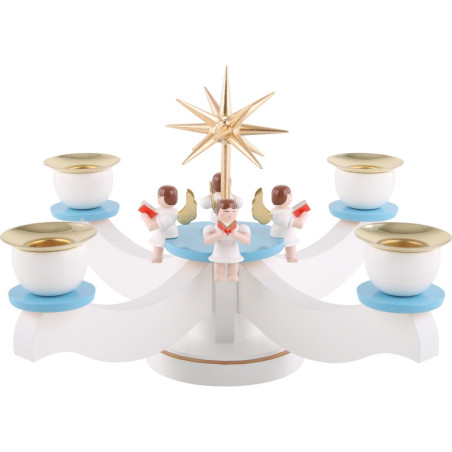 Candle Holder - Advent Blue/White with Sitting Angels - 29x29x19 cm / 11.5x11.5x7 inch