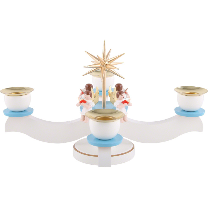 Candle Holder - Advent Blue/White with Sitting Angels - 29x29x19 cm / 11.5x11.5x7 inch