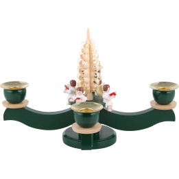 Adventsleuchter grün vier sitzende Engel mit Spanbaum - 22x19 cm