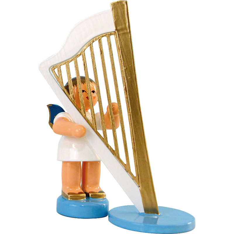 Angel with Harp - Blue Wings - Standing - 6 cm / 2,3 inch