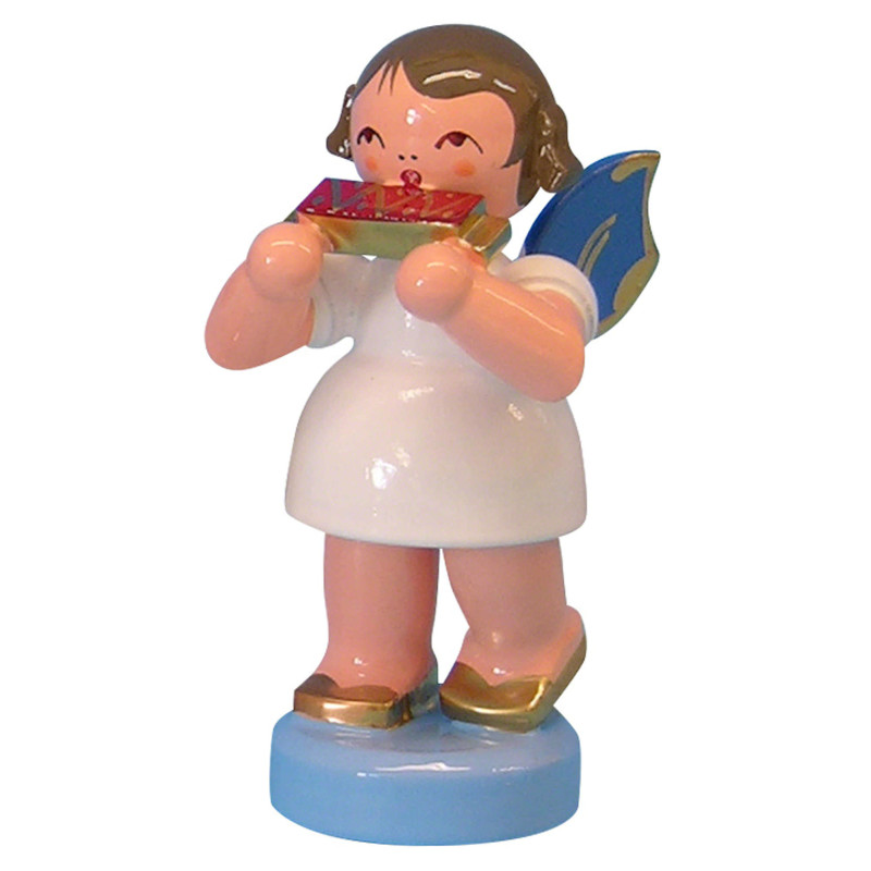 Engel mit Mundharmonika - Blaue Flügel - stehend - 6 cm