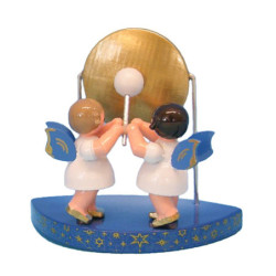 2 Angels with Big Gong Fitting Simple Clouds - Blue Wings - Standing - 6 cm / 2,3 inch