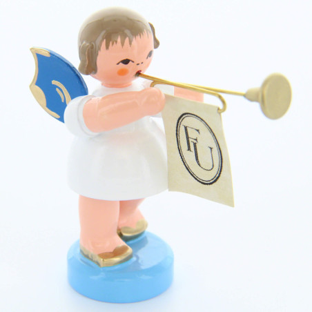 Engel mit Fanfare - Blaue Flügel - stehend - 6 cm