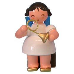 Angel with French Horn - Blue Wings - Sitting - 5 cm / 2 inch