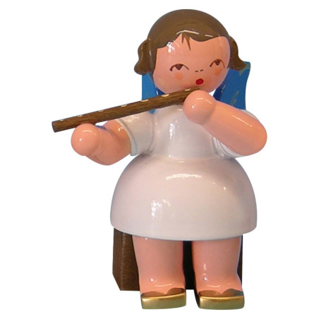 Angel with Flute - Blue Wings - Sitting - 5 cm / 2 inch