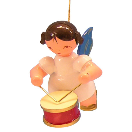 Christbaumschmuck Engel mit Trommel - Blaue Flügel - schwebend - 5,5 cm