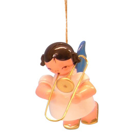 Tree Ornament - Angel with Trombone - Blue Wings - Floating - 5,5 cm / 2,1 inch