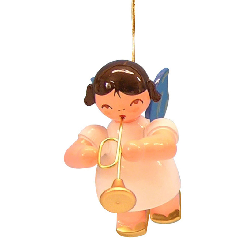 Christbaumschmuck Engel mit Trompete - Blaue Flügel - schwebend - 5,5 cm