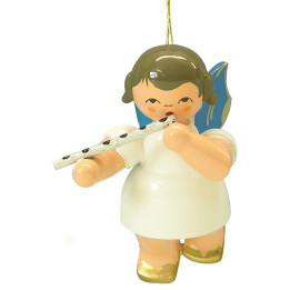 Christbaumschmuck Engel mit Querflöte - Blaue Flügel - schwebend - 5,5 cm