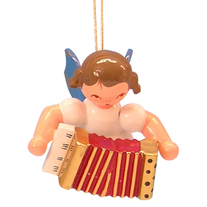 Christbaumschmuck Engel mit Akkordeon - Blaue Flügel - schwebend - 5,5 cm
