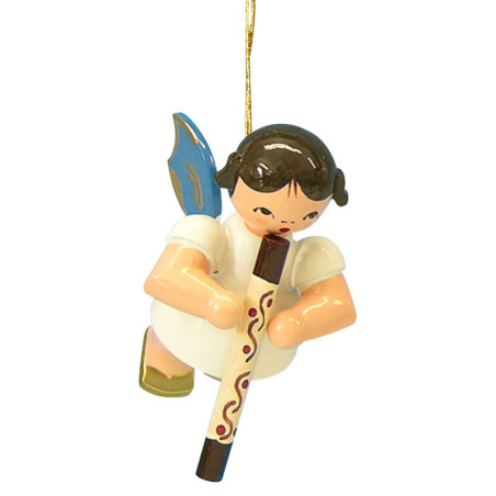 Christbaumschmuck Engel mit Didgeridoo - Blaue Flügel - schwebend - 5,5 cm