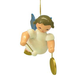 Christbaumschmuck Engel mit kleinem Gong - Blaue Flügel - schwebend - 5,5 cm